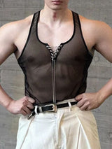 Men's Avant-Garde High Stretch Sheer Mesh Metal Chain Lace-Up Deep Scoop Neck Tank SKUL60132