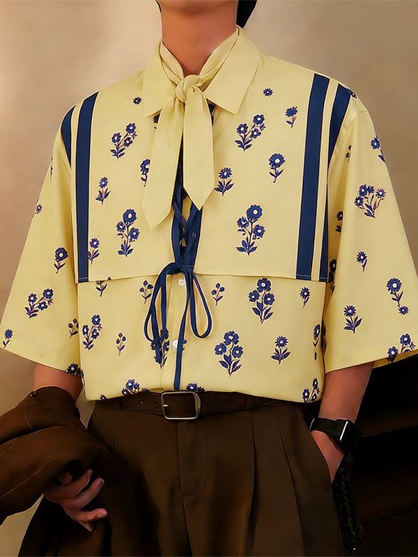 Men's Vintage Floral Print Lace-up Front Short Sleeve Scarf Shirt SKUL53038