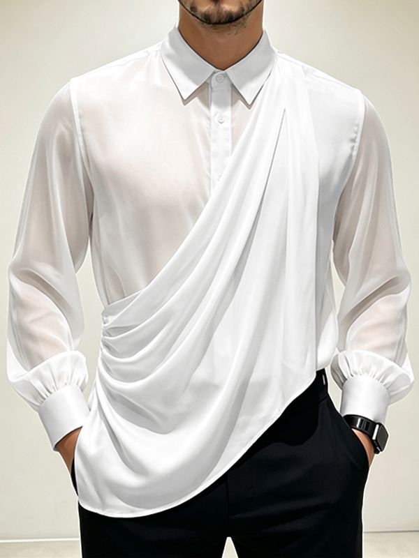 Men's Avant-Garde Semi-Sheer Asymmetrical Draped Chiffon Shirt SKUL79227