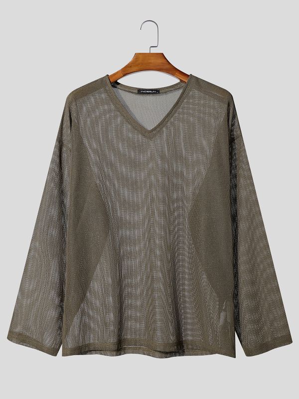 Men's Avant-Garde Sheer Mesh V-Neck Drop-Shoulder T-shirt SKUL80625