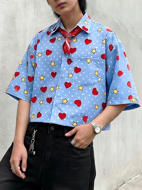 Men's Heart Star Polka Dot Print Half Sleeve Shirt SKUL54683