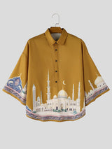 Men's Vintage Avant-Garde Castle Architecture & Crescent Moon Print Short Sleeve Shirt SKUL61998