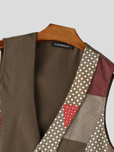 Men's Vintage Patchwork Faux-Tie Tailored Suit Waistcoat SKUL66931