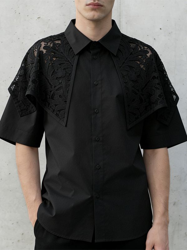 Men's Avant-Garde Floral Lace Overlay Cape-Collar Short Sleeve Button-Down Shirt SKUL61666