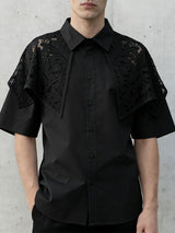 Men's Avant-Garde Floral Lace Overlay Cape-Collar Short Sleeve Button-Down Shirt SKUL61666