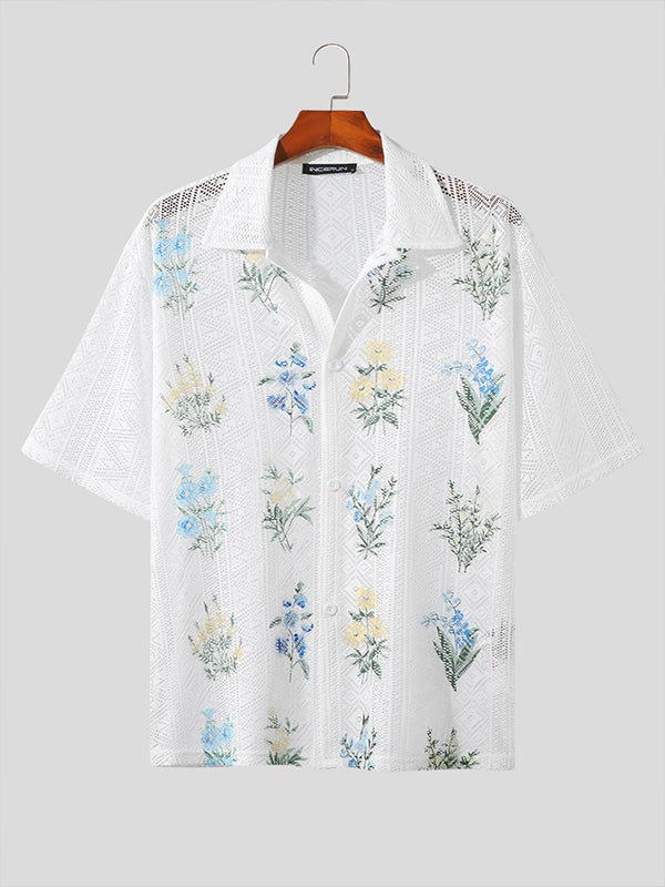 Mens Floral Print Lace Short Sleeve Shirt SKUK13348