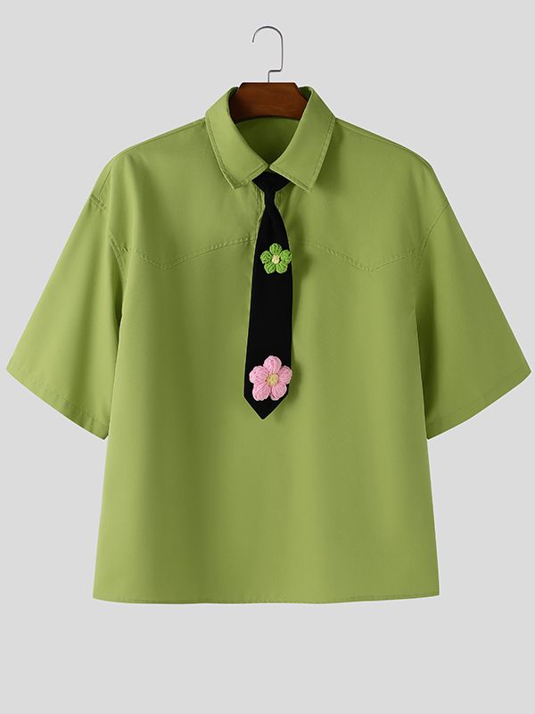 Men's 3D Floral Decor Tie Short Sleeve Shirt SKUL41498