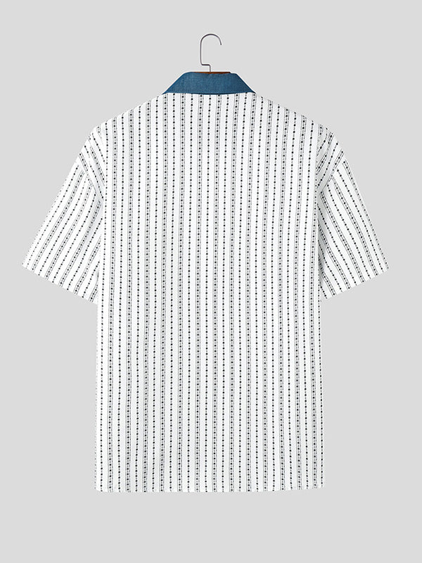 Mens Cartoon Print Striped Short Sleeve Shirt SKUK96994