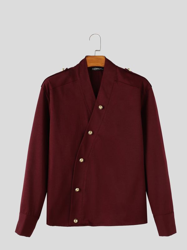 Men's Avant-Garde Party Epaulet Detail Diagonal Metal Button Slim Long Sleeve Shirt SKUL81152
