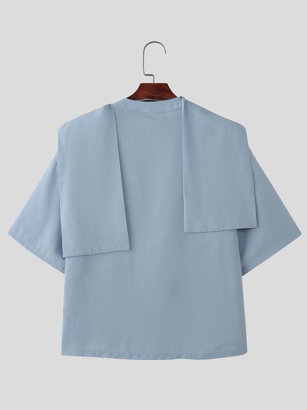 Men's Elegant Resort Draped Scarf Slit V Neck Dropped Shoulder Short Sleeve T-shirt SKUL60198