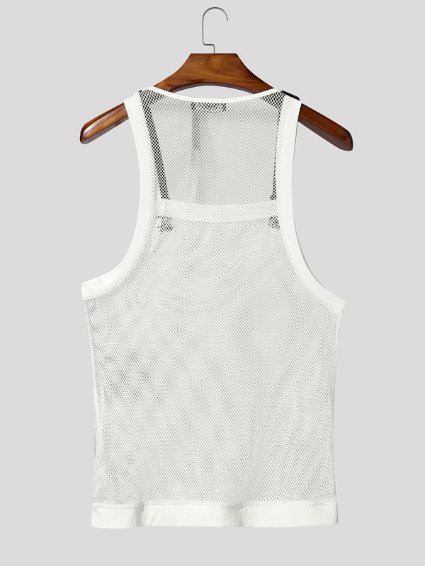 Men's Techwear Avant-Garde Adjustable Leather Buckle Strap Sheer Fishnet Mesh Tank SKUL63147