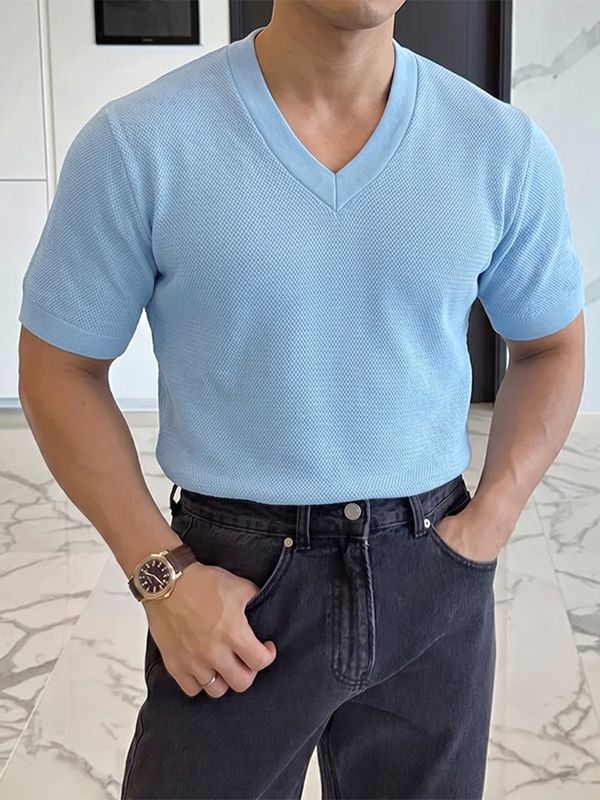 Men's Smart Casual Textured Slim Fit V-Neck Short Sleeve T-shirt SKUL69522