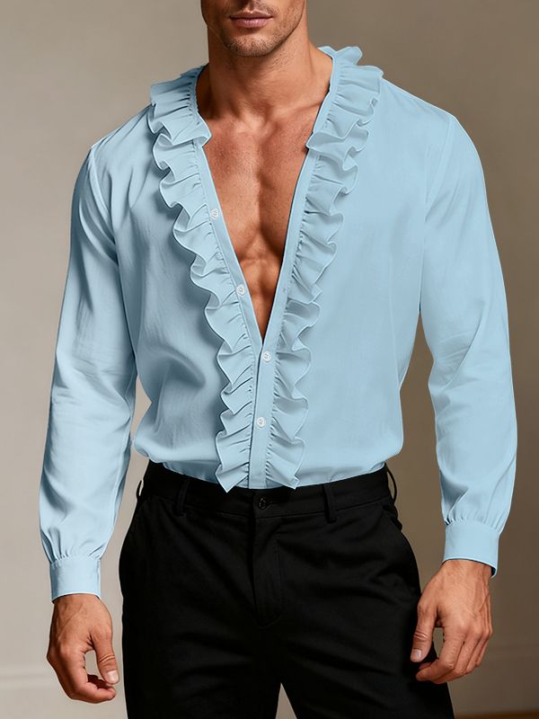 Men's Solid Color Ruffle V-Neck Long Sleeve Shirt SKUL50528