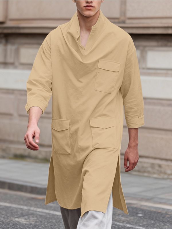 Men's 3D Pocket Draped Neck 3/4 Length Sleeve Shirt SKUL53234