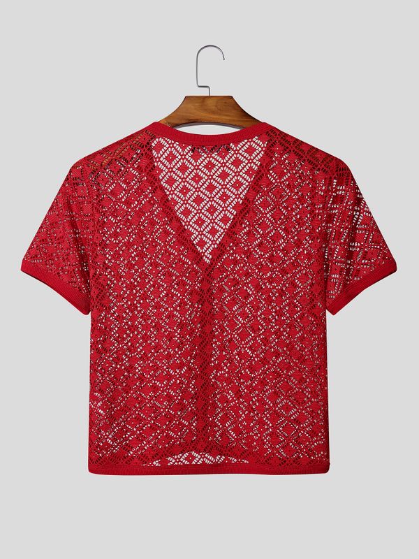 Men's Hollow Sheer V Neck Short Sleeve T-shirt SKUL54434