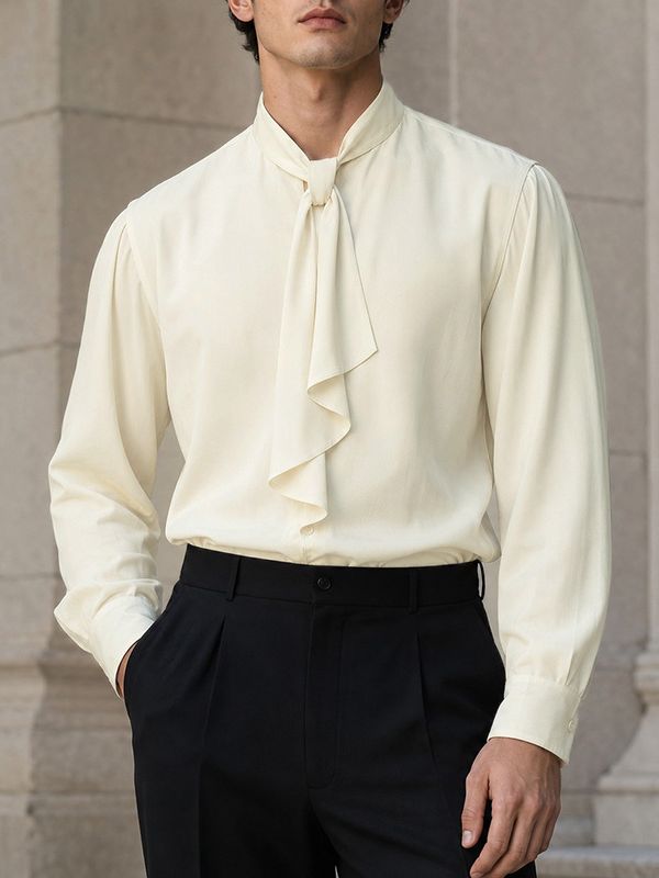 Men's Retro Cocktail Party Cascading Tie Neck Silk-Like Fluid Drape Long Sleeve Bow Collar Shirt SKUL83230