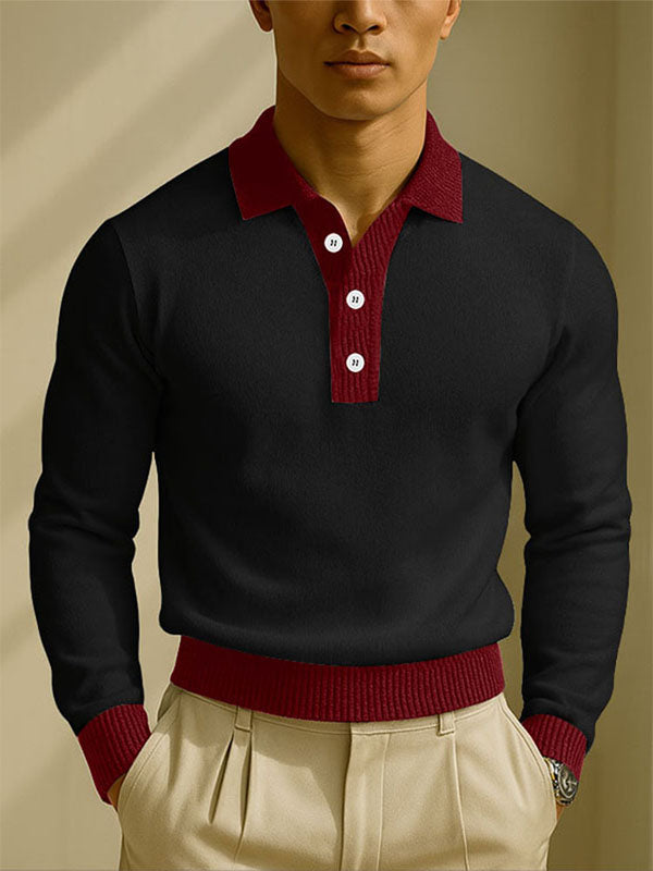 Men's Colorblock Knit Lapel Long Sleeve Shirt SKUL28117