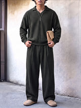 Men's High-Street Textured Polo Collar Two Pieces Outfit SKUL80488