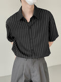 Mens Striped Lapel Casual Short Sleeve Shirt SKUK08641