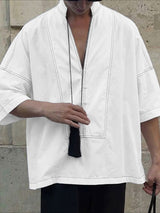Men's Vintage Casual Contrast Stitching Deep V Neck Short Sleeve Shirt SKUL63973