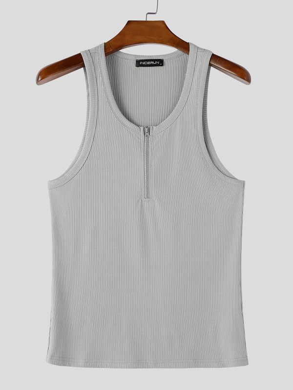 Men's Gym Bodybuilding Ribbed Textured Half Zipper Deep V-Neck Tank SKUL65389