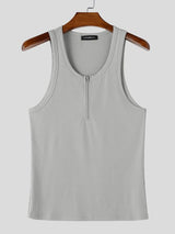 Men's Gym Bodybuilding Ribbed Textured Half Zipper Deep V-Neck Tank SKUL65389