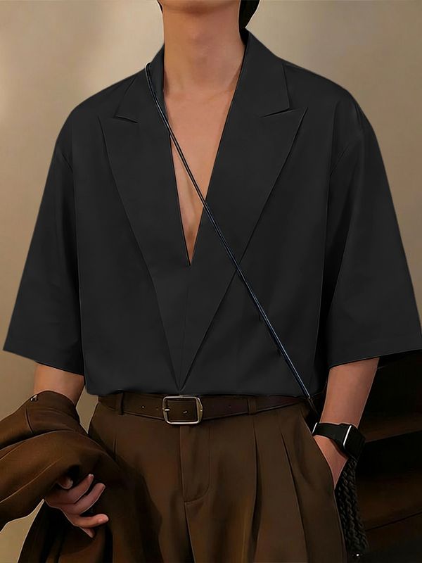 Men's Solid Color V Neck Half Sleeve Shirt SKUL51953