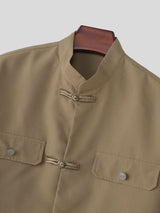 Men's Neo-Traditional Zen Utility Frog-Button Boxy Shirt SKUL79948