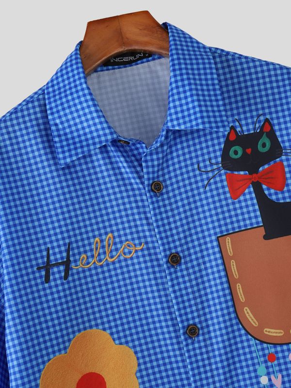 Men's Harajuku Streetwear Plaid Cartoon Cat Print Oversized Casual Shirt SKUL59651