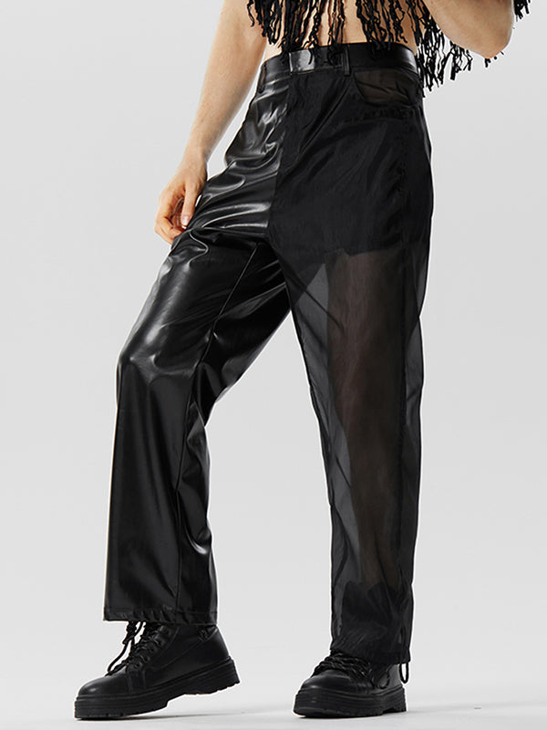 Mens Faux Leather Mesh Patchwork Straight Pants SKUK15573