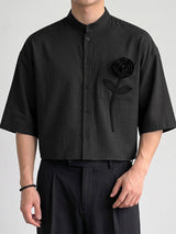 Men's Retro Resort Floral Applique Pocket Feel Drop Shoulder Half Sleeve Band Collar Shirt SKUL81852