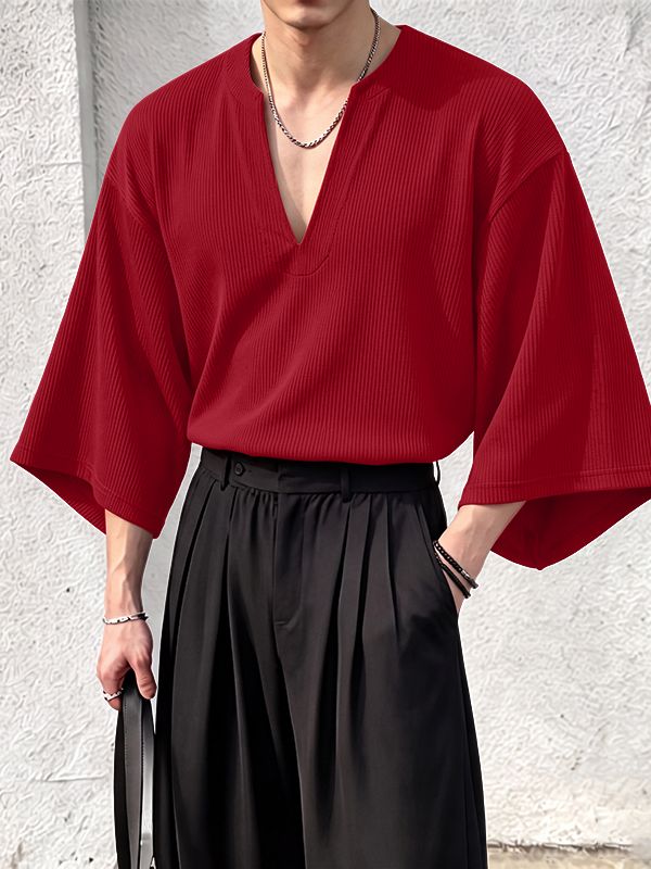 Men's Avant-Garde Minimalist Ribbed Deep V-Neck Wide Sleeve T-shirt SKUL81108