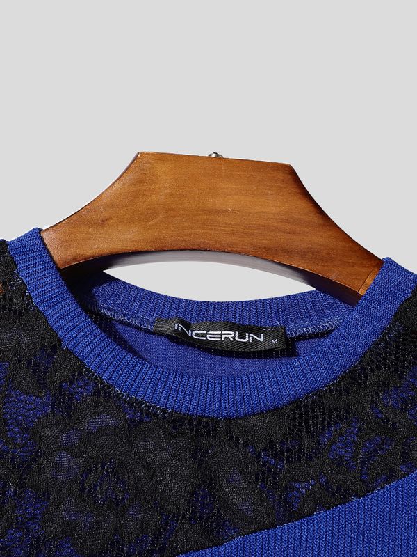Men's Avant-Garde Nightclub Party Asymmetric Floral Lace Spliced Slim-Fit T-shirt SKUL84580