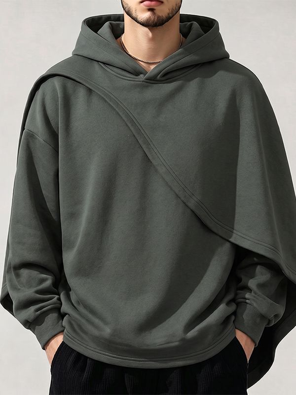 Men's Urban Casual Asymmetric Cape Overlay Drop Shoulder Long Sleeve Hooded Collar Hoodie SKUL82467