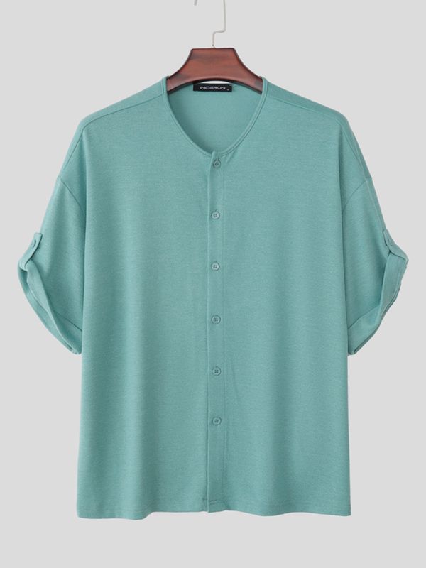Men's Vintage Japanese Style Knit Textured Relaxed Fit Drop Shoulder Short Sleeve Shirt SKUL72617