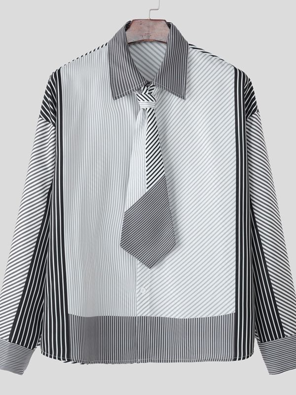 Men's Stripe Tie Patchwork Long Sleeve Shirt SKUL30561
