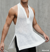 Men's Solid Color Hollow Zipper Mesh Tank SKUL57663