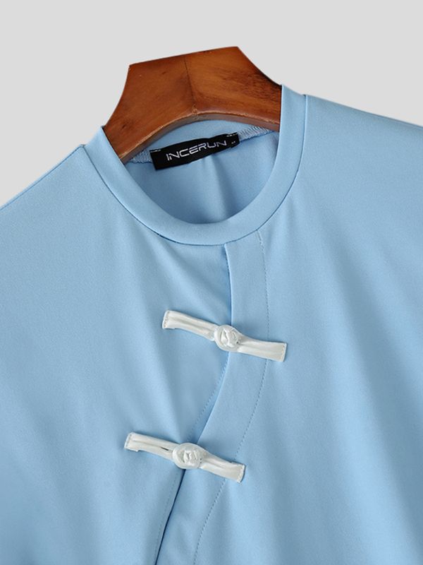 Men's New Chinese Style Frog Button Cropped Short Sleeve T-shirt SKUL56545