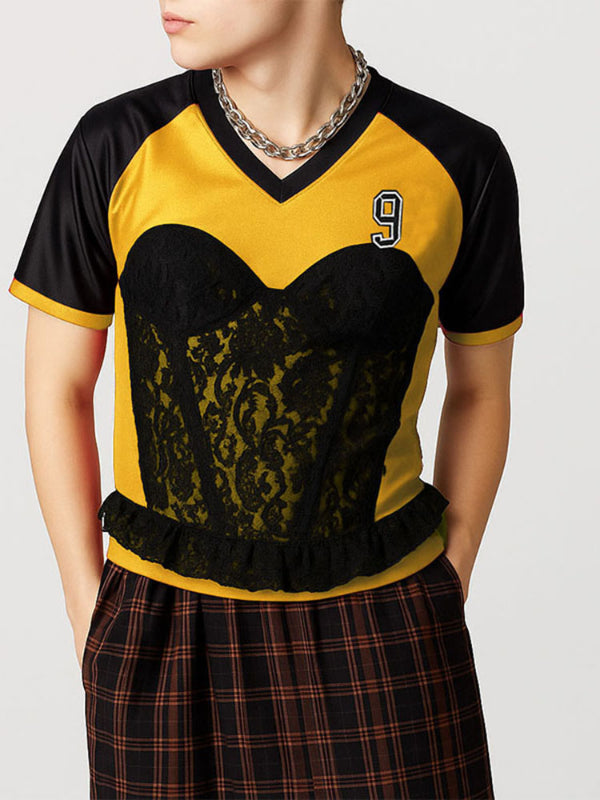 Men's Number Print Lace Colorblock Short Sleeve T-Shirt SKUL20277