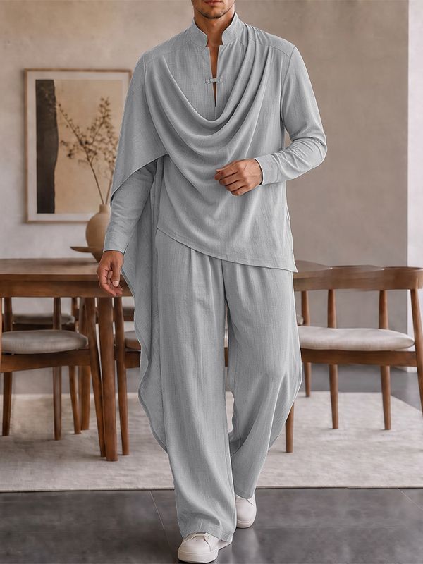 Men's Zen Minimalist Art Exhibition Draped Cape Collar Frog Button Two Pieces Outfit SKUL85354