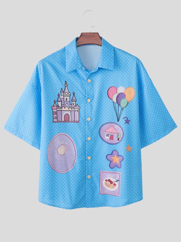 Men's Daily Casual Wear Polka Dot Cartoon Castle Patchwork Oversized Casual Shirt SKUL59596