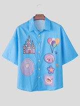 Men's Daily Casual Wear Polka Dot Cartoon Castle Patchwork Oversized Casual Shirt SKUL59596