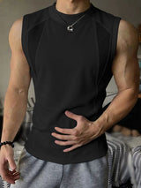 Men's Clean Fit Techwear Sheer Mesh Patchwork Ergonomic Contour Seam Sleeveless Mock Neck Tank SKUL72613