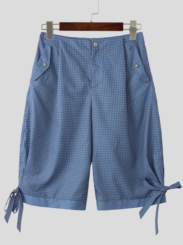 Men's Vintage Plaid Cargo Pocket Wide Leg Harem Cropped Pant SKUL60808