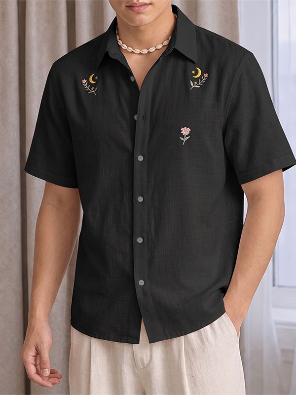 Men's Casual Minimalist Print Moon and Floral Short Sleeve Shirt SKUL74814