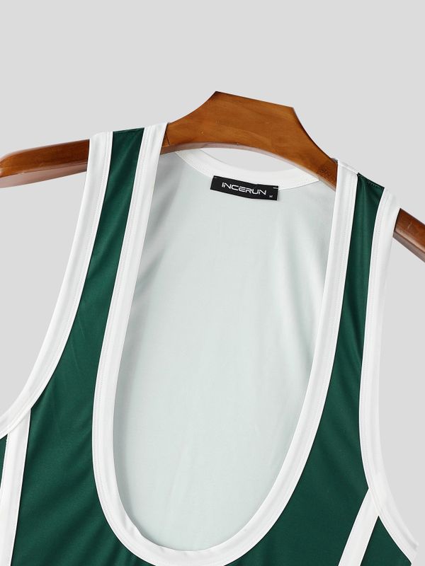 Men's Retro Contrast Piping Deep-U Muscle Fit Wrestling Singlet Bodysuit SKUL75689
