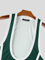 Men's Retro Contrast Piping Deep-U Muscle Fit Wrestling Singlet Bodysuit SKUL75689