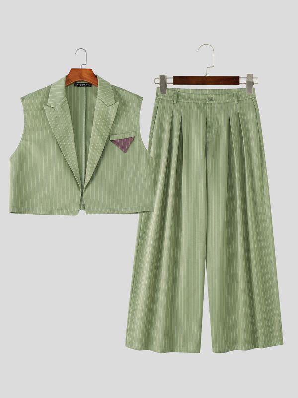 Men's Pinstripe Cropped Notched Lapel Two Pieces Outfit SKUL57619