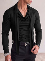 Men's Avant-Garde Early Autumn Built-in Scarf Drape Slim Long Sleeve Cowl Neck T-shirt SKUL81735