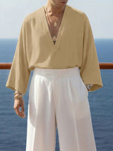 Men's Solid Color Deep V-Neck 3/4 Length Sleeve Shirt SKUL51929